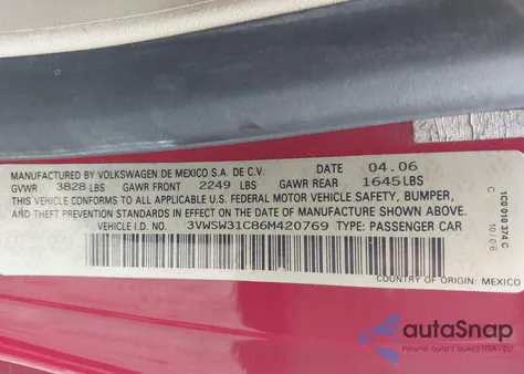 2006 Volkswagen New Beetle 2.5 z USA, uszkodzony, nr VIN 3VWSW31C86M420769